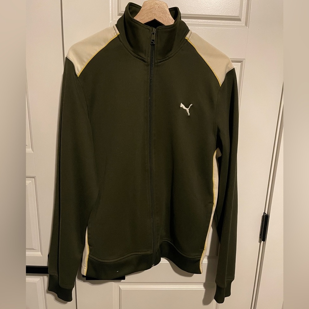 Puma Olive Green Track Jacket with Cream Panels and Yellow Trim